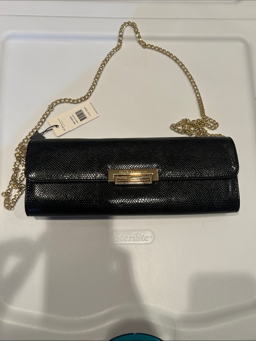 BCBGeneration Black Textured Clutch with Gold Chain Strap